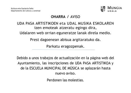 Imagen Se aplazan las inscripciones de UDA PASA ARTISTIKOA y de la ESCUELA MUNICIPAL DE MÚSICA