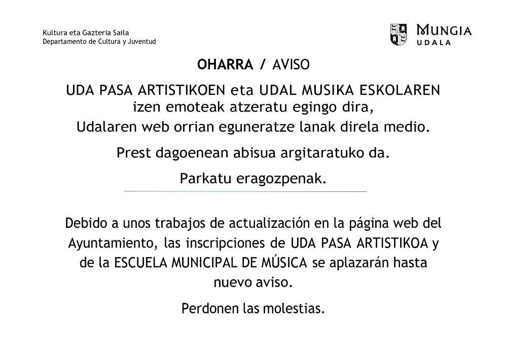 Imagen Se aplazan las inscripciones de UDA PASA ARTISTIKOA y de la ESCUELA MUNICIPAL DE MÚSICA
