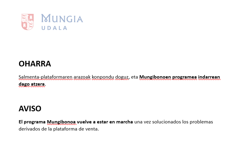 Imagen Mungibonoen programea indarrean dago atzera