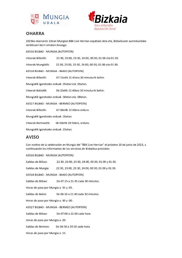 Imagen Servicios de Bizkaibus para el 10 de junio