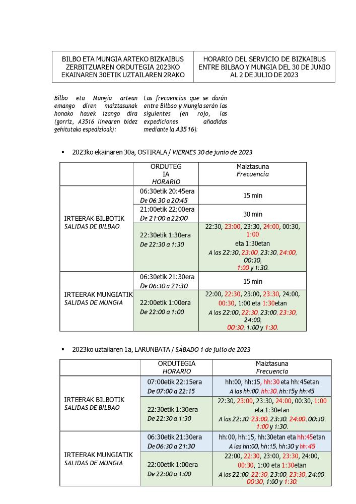 Imagen HORARIO DEL SERVICIO DE BIZKAIBUS ENTRE BILBAO Y MUNGIA DEL 30 DE JUNIO  AL 2 DE JULIO DE 2023UZTAILAREN 2RAKO