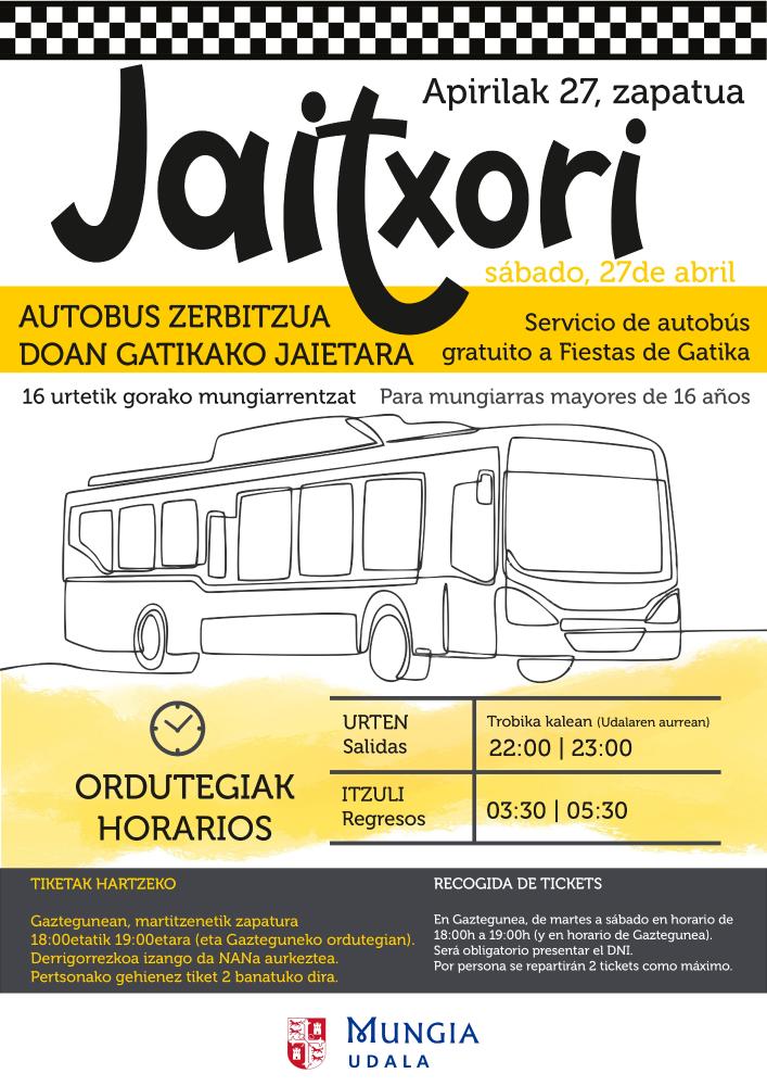 Imagen Mungia retoma el servicio gratuito de autobús nocturno para fiestas “Jaitxori”