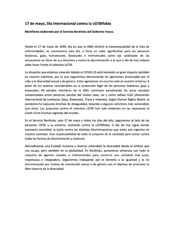 Imagen 17 DE MAYO -  DÍA INTERNACIONAL CONTRA LGTBIFOBIA. Manifiesto elaborado por el Servicio Berdindu del Gobierno Vasco