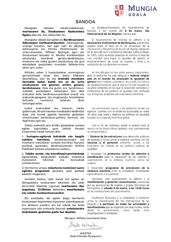 Imagen Emakumeen Nazioarteko Eguna: Udal Bandoa