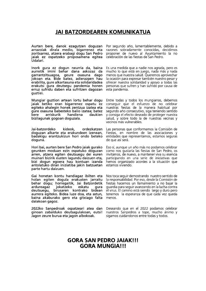 Imagen COMUNICADO - FIESTAS SAN PEDRO 2021