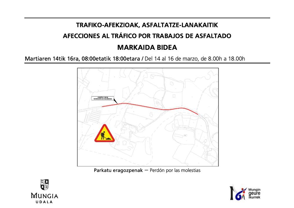 Imagen AVISO | Afecciones al tráfico por trabajos de asfaltado en Markaida bidea. Perdón por las molestias.