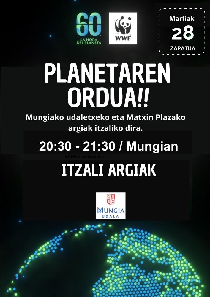 Irudia MUNGIAKO UDALAK “PLANETAREN ORDUA” EKIMENEAN PARTE HARTZERA DEITU DITU...